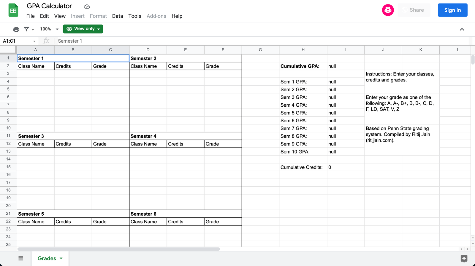 GPA Calculator Spreadsheet